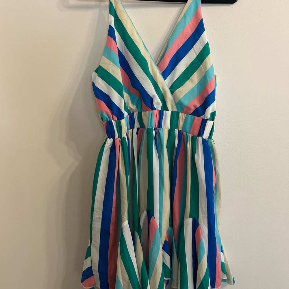 Pink Lily Rainbow Striped Dress Women’s Large Flowy V-Neck Beachwear Resort Wear